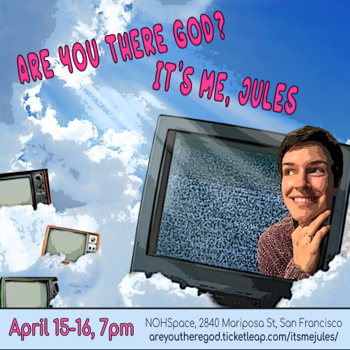 Design for Julie Crothers' show. There are TVs floating in clouds, and you see Julie's upper body smiling and looking out.