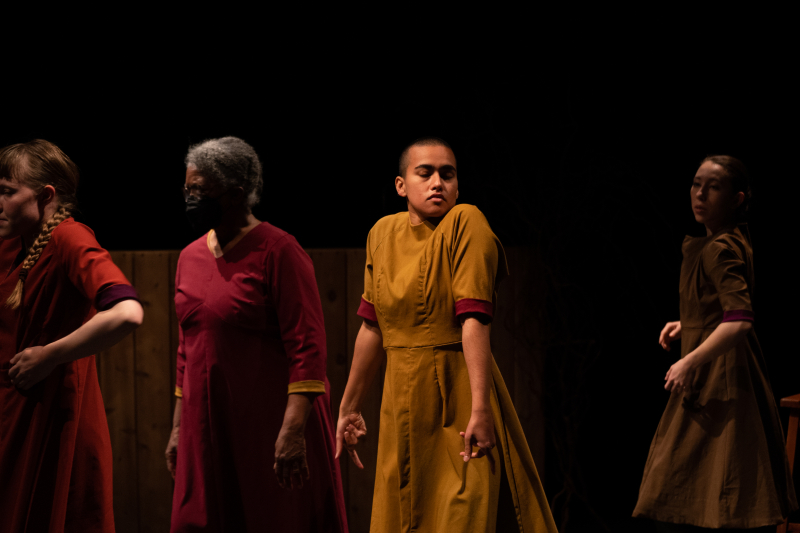 A dancer in a mustard shift with eyes closed, shoulders raised, hands in a kind of mudra pose, stands illuminated among the other dancers moving in shades of red and brown.