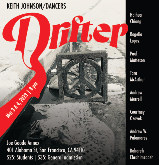Graphic design image for the performance. The word "Drifter" is in red. The photo is black and white of a concrete peace sign.