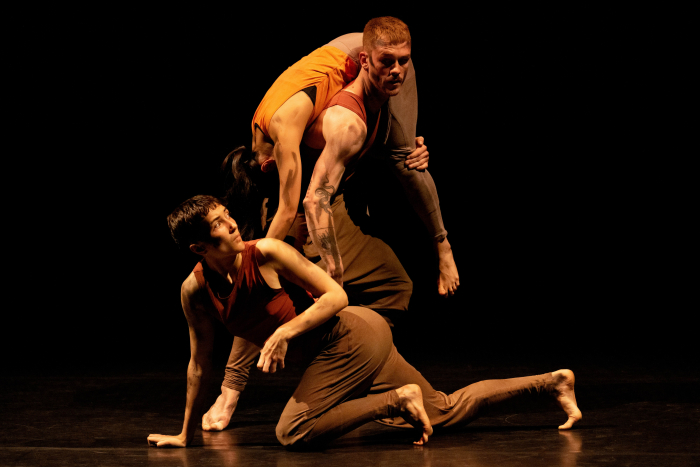 Three dancers onstage. One crawls and looks back. One stands with a dancer slung over their shoulder.