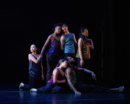 Dancers in jewel toned satin shirts and black pants pose in a group tableux.