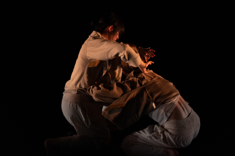 Dancers in a closeknit clump wearing muted tones of tan and grey. Dancers in a closeknit clump wearing muted tones of tan and grey.