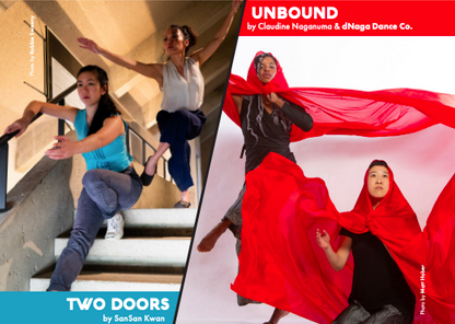 A postcard design with dancers on stairs and dancers with long red fabric around their faces.