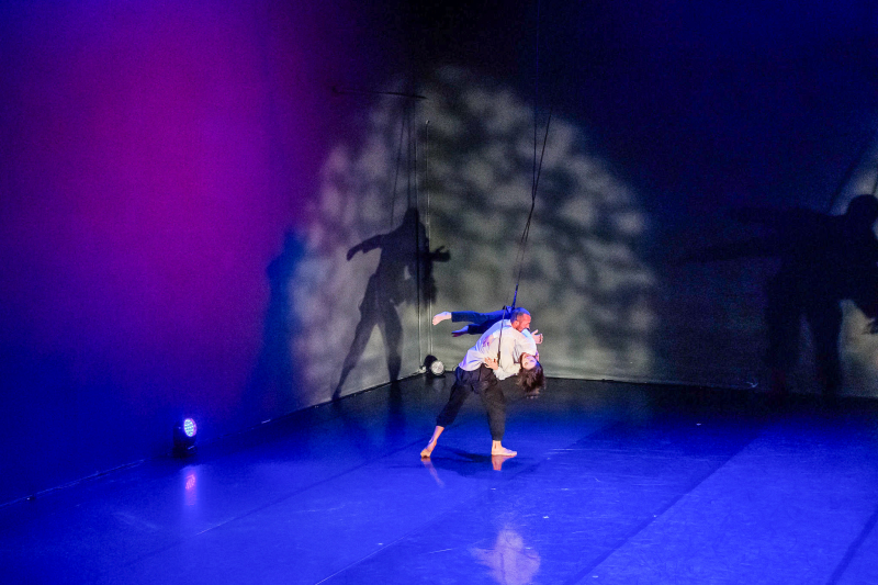 A duet with two dancers in purple and blue light. One dancer holds the other in their arms.