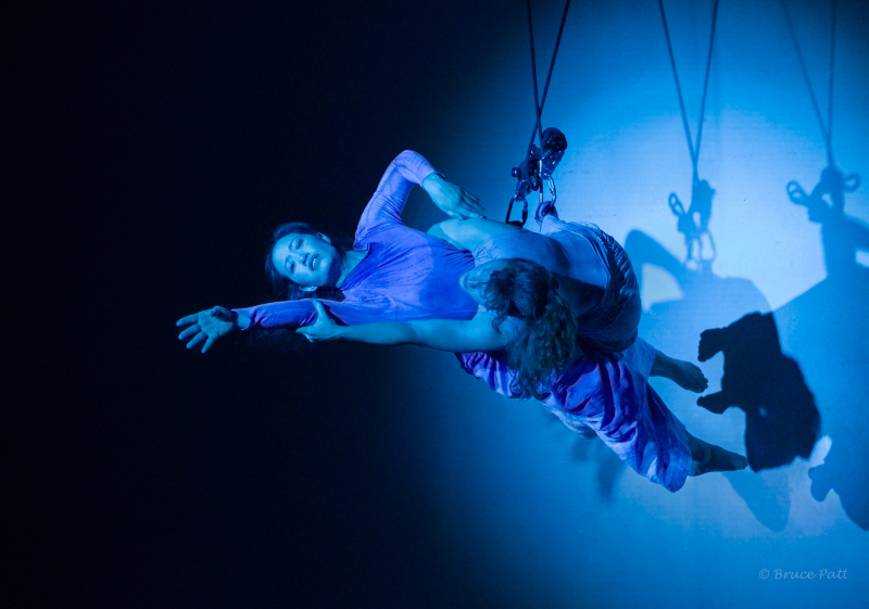 Two dancers partner on a wall, using ropes and harnesses. Two dancers partner on a wall, using ropes and harnesses.