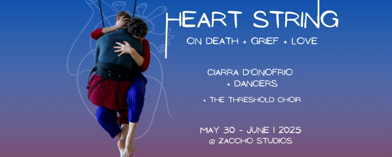 A postcard design with 2 dancers suspended in the air, embracing. The background is a blue/purple.