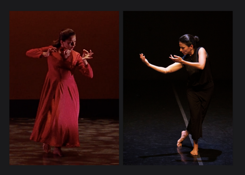 Two images of Kathak dancer Karishma Sharma. The photo on the left is in a red dress. The photo on the right is in a black, sleeveless costume.